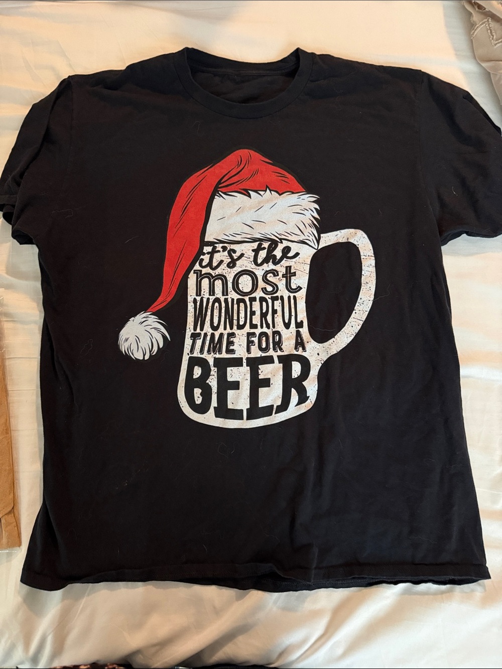Men's Black Graphic Tee with Red Santa Hat - Holiday Beer Design